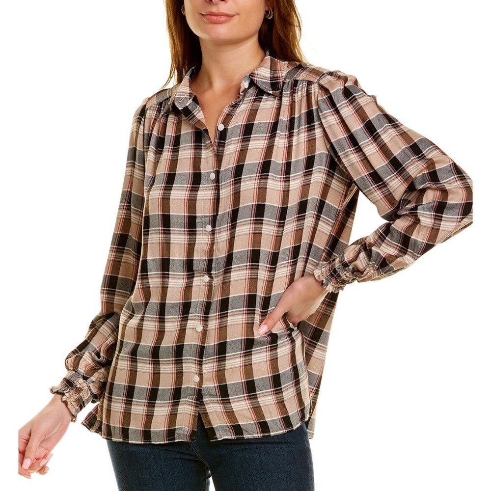 Max Studio Plaid Blouse, smocked cuffs